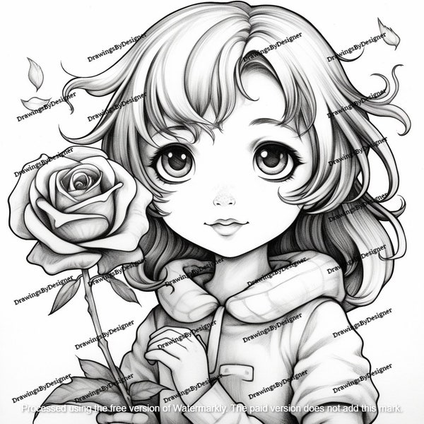 Cute Girl Coloring Page Grayscale Instant Download Printable File