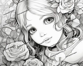 Cute Girl Coloring Page Grayscale Instant Download Printable File