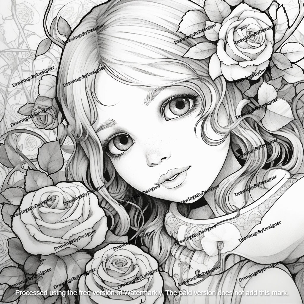 Cute Girl Coloring Page Grayscale Instant Download Printable File