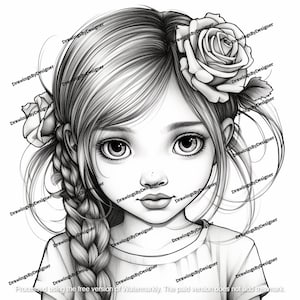Cute Girl Coloring Page Grayscale Instant Download Printable File