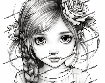 Cute Girl Coloring Page Grayscale Instant Download Printable File