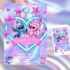 May include: A birthday party invitation featuring Stitch and Angel characters, balloons, and stars. The invitation is in pink, blue, and purple hues, with the text "Charlotte is turning 5" and event details.