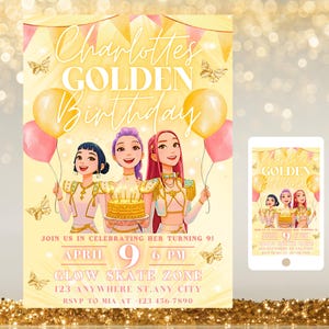 以下が含まれることがあります： 「Charlotte's Golden Birthday」のテキストが入った誕生日パーティーの招待状。3人の女の子、風船、蝶のイラストが特徴です。招待状の小さなバージョンがスマートフォンに表示されています。