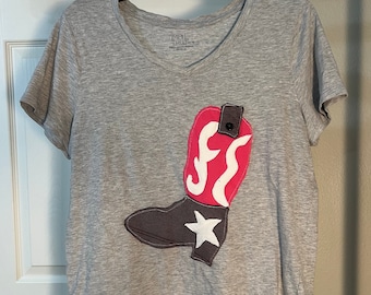 Upcycled Cowboy Boot T-Shirt: Reworked Patchwork Country Top