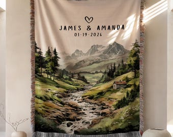 Personalized Couples Woven Blanket, Custom Name & Date Throw, Wedding Gift for Couple Engagement Anniversary Gift Mountain Landscape Blanket