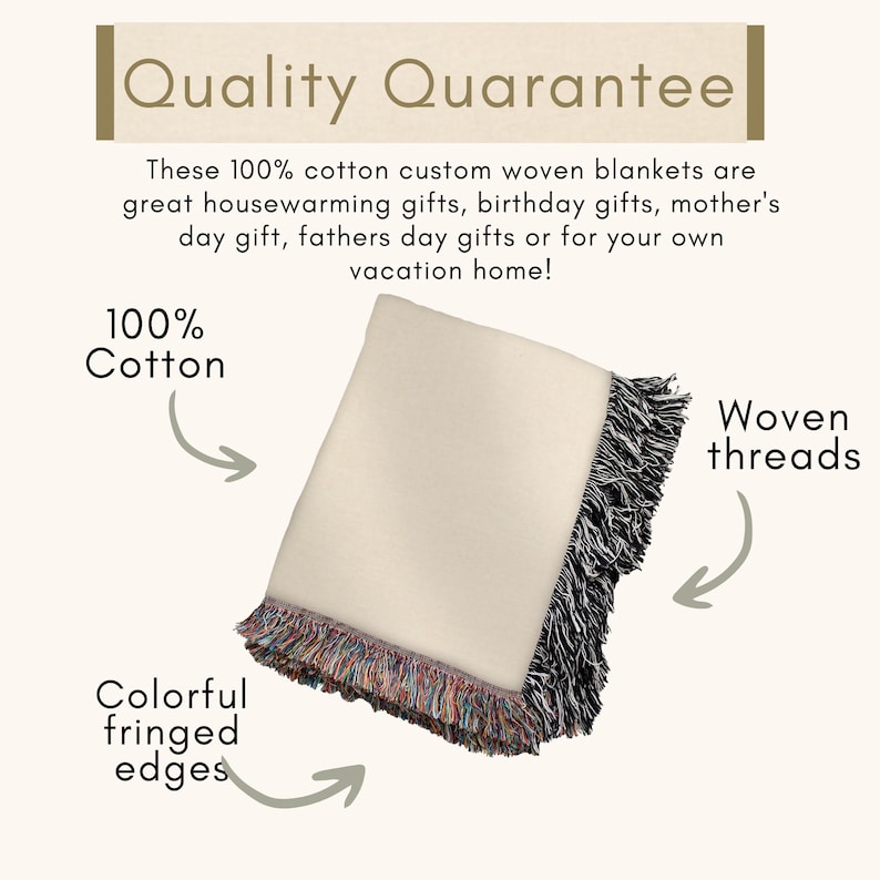 May include: A folded cream-colored blanket with colorful fringed edges and woven threads. The blanket is made of 100% cotton. Text reads "Quality Guarantee".