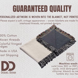 May include: A woven cotton blanket with colorful fringed edges. The blanket is made in the USA and features the text "GUARANTEED QUALITY". The blanket is machine washable, with instructions provided.