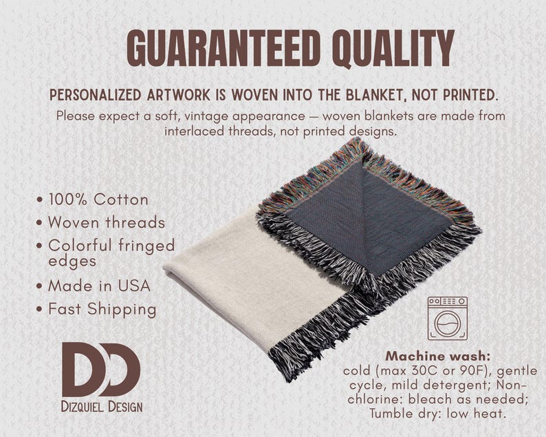 May include: A woven cotton blanket with colorful fringed edges. The blanket is made in the USA and features the text "GUARANTEED QUALITY". The blanket is machine washable, with instructions provided.