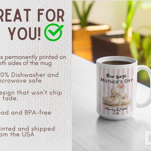 May include: White ceramic mug with pink vertical stripes, featuring the text "Our first Mother's Day" and a duck illustration. The mug is printed with the names "Mommy & Jacob" and the year "2026".