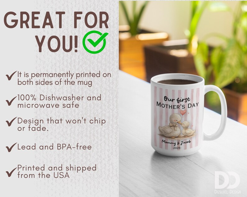 May include: White ceramic mug with pink vertical stripes, featuring the text "Our first Mother's Day" and a duck illustration. The mug is printed with the names "Mommy & Jacob" and the year "2026".