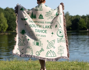 Custom Lake House Woven Blanket Housewarming gift, Personalized Family Name Cottage Fringe Blanket, Family Name Blanket Lakehouse, New Home