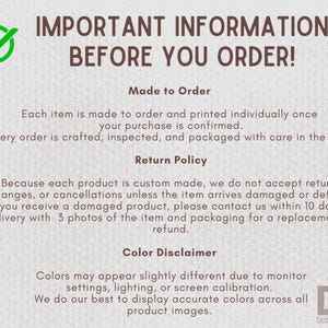 May include: A cream-colored graphic with the text "IMPORTANT INFORMATION BEFORE YOU ORDER!" and details about made-to-order items, return policies, and color variations. Includes a green checkmark and the Dizquiel Design logo.