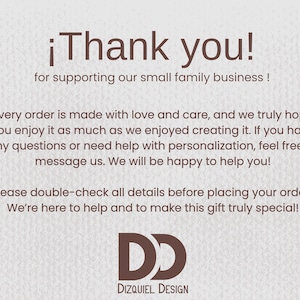 May include: A beige card with the text "Thank you!" and a message about supporting a small family business. The card includes the logo "DD" and the words "Dizquiel Design".