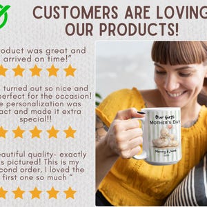 May include: White ceramic mug with green vertical stripes, featuring the text "Our first MOTHER'S DAY" and a graphic of two ducks. The mug is held by a person. The image also includes customer reviews.