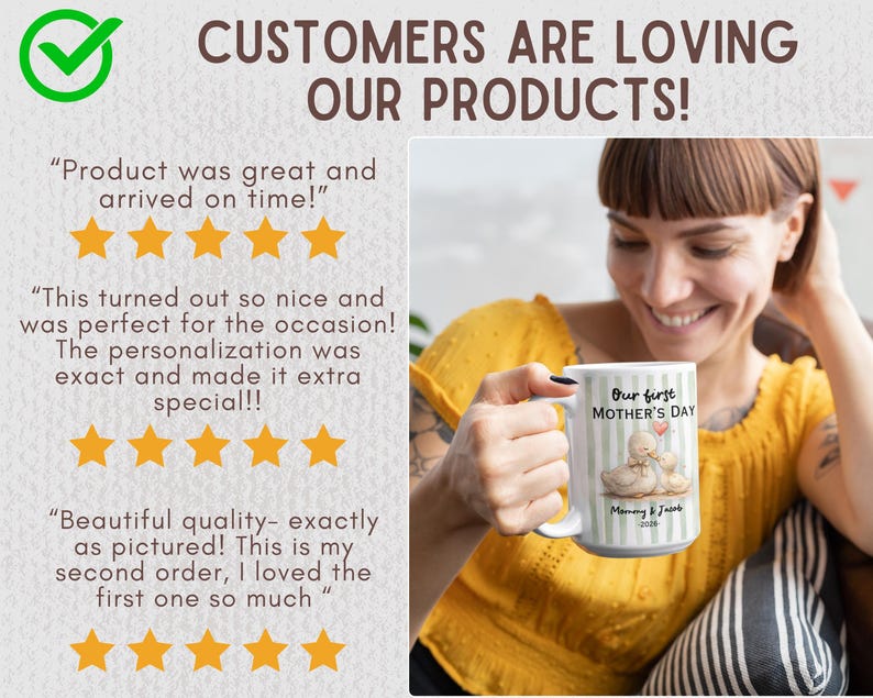 May include: White ceramic mug with green vertical stripes, featuring the text "Our first MOTHER'S DAY" and a graphic of two ducks. The mug is held by a person. The image also includes customer reviews.