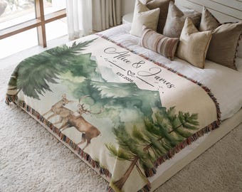 Personalized Forest Wedding Blanket for Couple, Rustic Mountain Anniversary Gift, Adventure Lovers Woven Throw, Cabin Deer Home Decor
