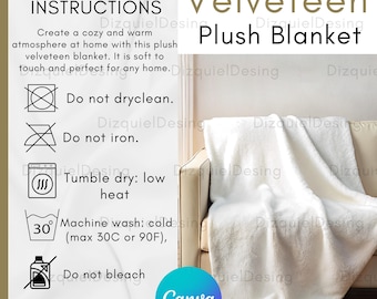 Velveteen Plush Blanket Care Card, Velveteen Plush Blanket Size Chart, Plush Blanket Size Chart, Blanket Care Instructions, Blanket mockup