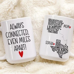 Personalized Long Distance Mug for Mom – Custom State to State Coffee Cup from Daughter, Always Connected Miles Apart Gift, Mother’s Day Mug