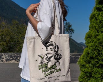 Dirty Martini Social Club Tote Bag, Retro Bachelorette Party Favor, Custom Name Bridal Shower Gift, Girls Trip Tote, Bach Weekend Bag