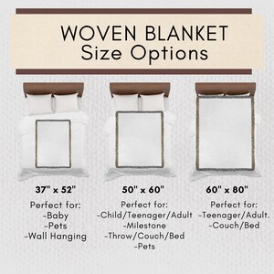 May include: Image showing three woven blankets with size options: 37" x 52", 50" x 60", and 60" x 80". Each blanket is displayed on a bed. The text "WOVEN BLANKET Size Options" is at the top.