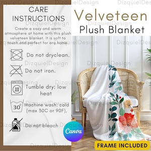 Velveteen Plush Blanket Care Card, Velveteen Plush Blanket Size Chart, Plush Blanket Size Chart, Blanket Care Instructions, Blanket mockup