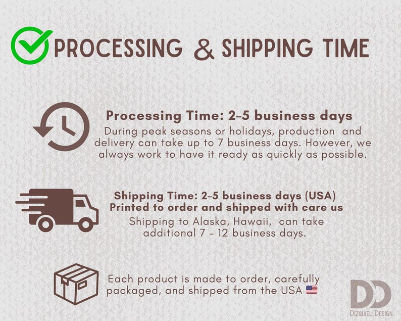 May include: Text on a beige background reads "PROCESSING & SHIPPING TIME." Details include processing and shipping times, with a note about potential delays during peak seasons. The text also mentions that each product is made to order and shipped from the USA.
