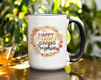 Personalized Happy Thanksgiving Mug, Ideal for Celebrating Fall and Harvest, Cup Size 11 oz and 15 oz, Thanksgiving decor, Autumn Decor.