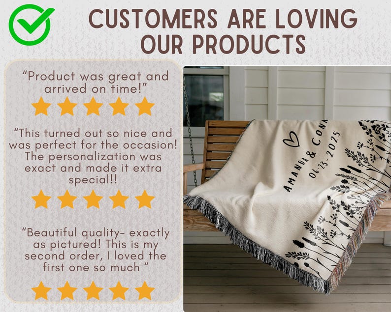 May include: A cream-colored throw blanket with black fringe is draped over a wooden swing. The blanket features a black floral design and the text "AMANDA & CONA 06-13-2025" with a heart symbol. The image also includes customer reviews.