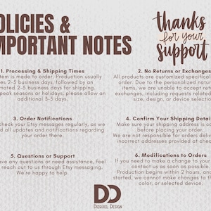 Pu&ograve; includere: Grafica beige con testo che dettaglia le politiche del negozio e note importanti. Il testo include informazioni sui tempi di elaborazione e spedizione, resi, notifiche degli ordini, dettagli di spedizione e modifiche. &Egrave; presente anche la frase "grazie per il tuo supporto".