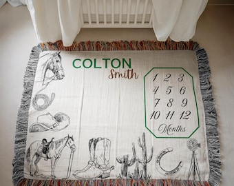 Personalized Cowboy Baby Milestone Blanket, Western Baby Monthly Blanket, Rodeo Nursery Baby Blanket, Cowboy Nursery Decor, Baby Shower Gift