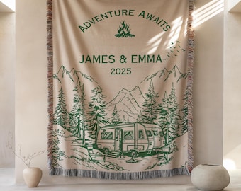 Personalized Camping Woven Blanket, Custom Adventure Couple Blanket RV Camper Gift Hiking Mountain Throw Anniversary Gift Wedding Gift 2025