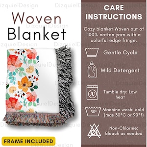 Bundle Woven Blanket Care Card and Size Options, Blanket Care Instructions, Woven Blanket Mockup, Printify Blanket size chart , PNG File