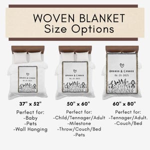 May include: Woven blanket size options. Three white blankets with floral designs and the text "AMANDA & CONNOR 06-25-2025". Sizes: 37" x 52", 50" x 60", and 60" x 80".