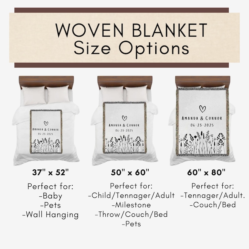 May include: Woven blanket size options. Three white blankets with floral designs and the text "AMANDA & CONNOR 06-25-2025". Sizes: 37" x 52", 50" x 60", and 60" x 80".