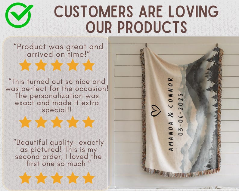 May include: A beige and gray landscape-themed throw blanket with a mountain and tree design. The blanket has a fringed edge and features the names "AMANDA & CONNOR" and the date "03-06-2025" with a heart symbol. The text "CUSTOMERS ARE LOVING OUR PRODUCTS" is also visible.