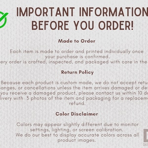 May include: A cream-colored graphic with the text "IMPORTANT INFORMATION BEFORE YOU ORDER!" and details about made-to-order items, return policies, and color variations. Includes a green checkmark and the Dizquiel Design logo.
