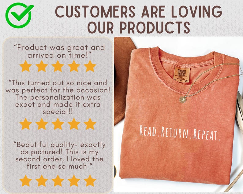 May include: An orange Comfort Colors t-shirt with the text "READ. RETURN. REPEAT." is displayed. A gold necklace with a pendant rests on the shirt. The image also includes customer reviews with five-star ratings.