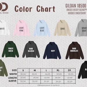 Pu&ograve; includere: Tabella colori per felpe con cappuccio unisex Gildan 18500 in misto pesante. La tabella mostra vari colori, tra cui bianco, rosa chiaro, azzurro, sabbia, grigio sportivo, verde foresta, grigio scuro, blu navy, cioccolato fondente, verde militare e nero. Tabella taglie in pollici.