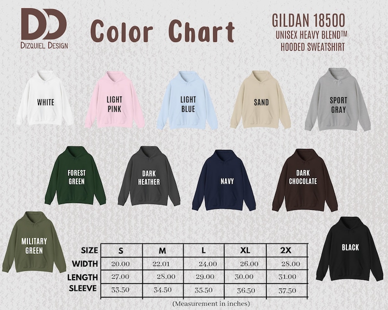 Pu&ograve; includere: Tabella colori per felpe con cappuccio unisex Gildan 18500 in misto pesante. La tabella mostra vari colori, tra cui bianco, rosa chiaro, azzurro, sabbia, grigio sportivo, verde foresta, grigio scuro, blu navy, cioccolato fondente, verde militare e nero. Tabella taglie in pollici.