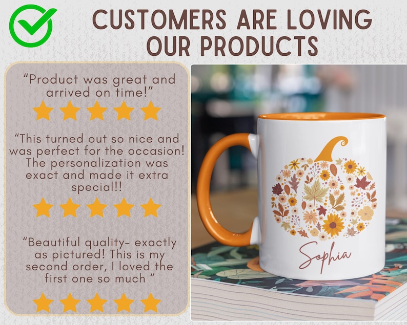 May include: White ceramic mug with an orange handle and interior. The mug features a floral pumpkin design and the name "Sophia" in script. The text "CUSTOMERS ARE LOVING OUR PRODUCTS" is at the top.