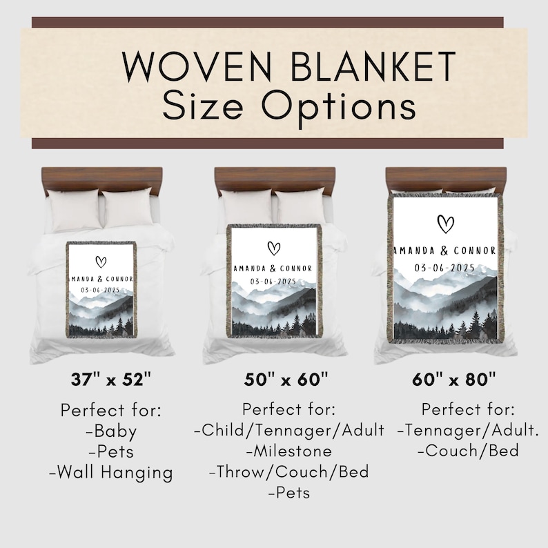 May include: Woven blanket size options. Three blankets with mountain landscape design are displayed on beds. Sizes are 37" x 52", 50" x 60", and 60" x 80". Each blanket features a heart, names, and a date.