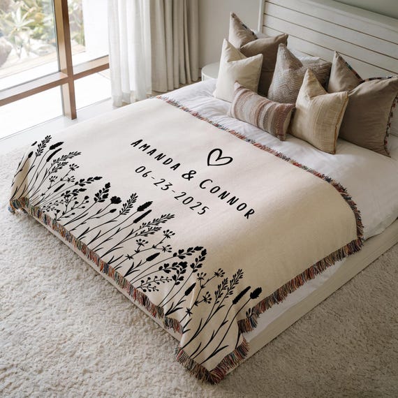 Personalized Wedding Blanket with Names & Date, Anniversary Engagement Throw, Custom Couple Gift, Bridal Shower or Bachelorette Present