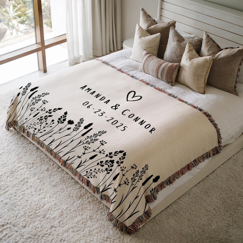 Personalized Wedding Blanket with Names & Date, Anniversary Engagement Throw, Custom Couple Gift, Bridal Shower or Bachelorette Present