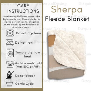 Carte d'entretien et options de tailles pour couverture en polaire sherpa, instructions d'entretien, couverture en polaire sherpa, maquette de couverture, tableau des tailles de couverture