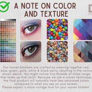 May include: An image with the text "A NOTE ON COLOR AND TEXTURE" and the Dizquiel Design logo. The image includes a color palette, close-up eye photos, and images of colorful candies. The text explains the color and texture of woven blankets.