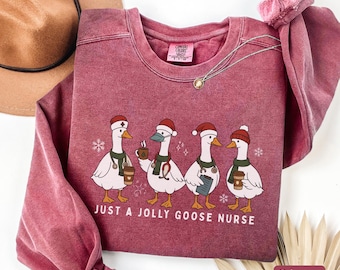 Comfort Colors® Christmas Goose Nurse Sweatshirt, Funny Holiday RN Tee, Cute Medical Staff Xmas Top, Nursing Student Gift, Festive Nurse Tee