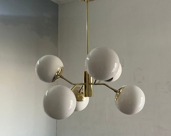 Gorgeous Brass Handmade Atomic Glass Ball Sputnik Chandelier Modern Mid-Century 6 Light Chandelier