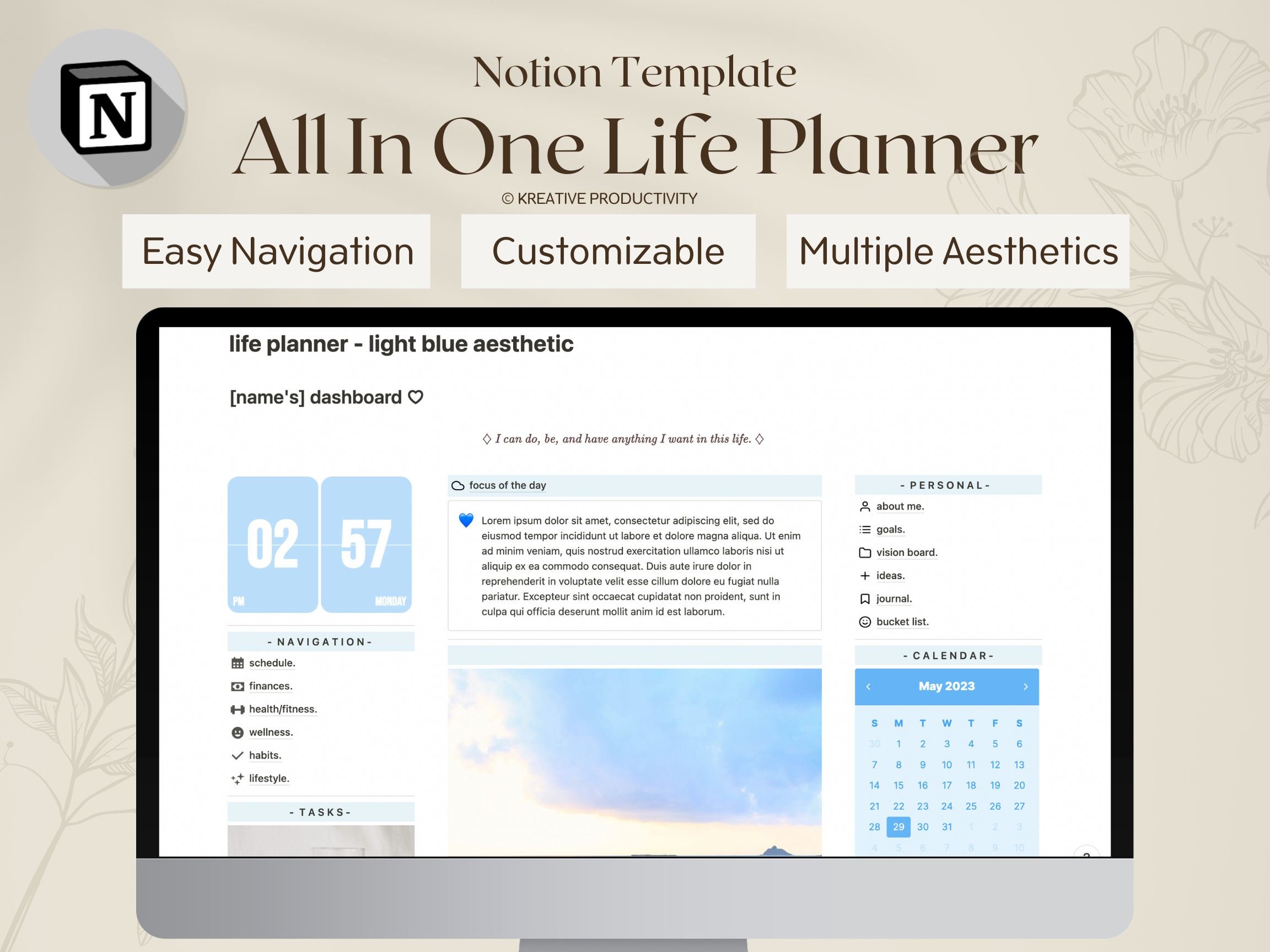 Notion Template - Aesthetic Life Planner All in One Template, Dashboard ...