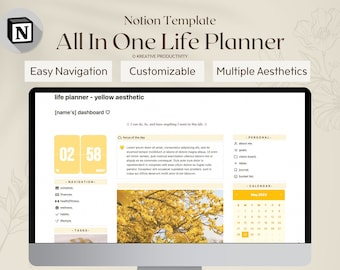 May include: A computer screen displaying a Notion template for a life planner with a yellow aesthetic. The template includes a calendar, a section for personal goals, and a section for tasks. The text "life planner - yellow aesthetic" and "[name's] dashboard" is displayed on the screen.