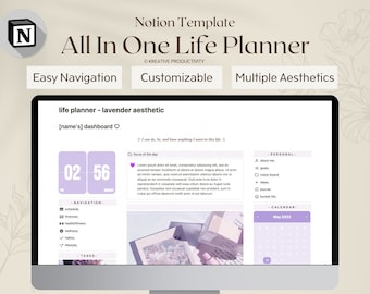 May include: A screenshot of a Notion template for a life planner with a lavender aesthetic. The template includes a dashboard with a timer, a navigation menu, a section for personal goals, and a calendar. The text "life planner - lavender aesthetic" and "[name's] dashboard" is displayed on the screen.